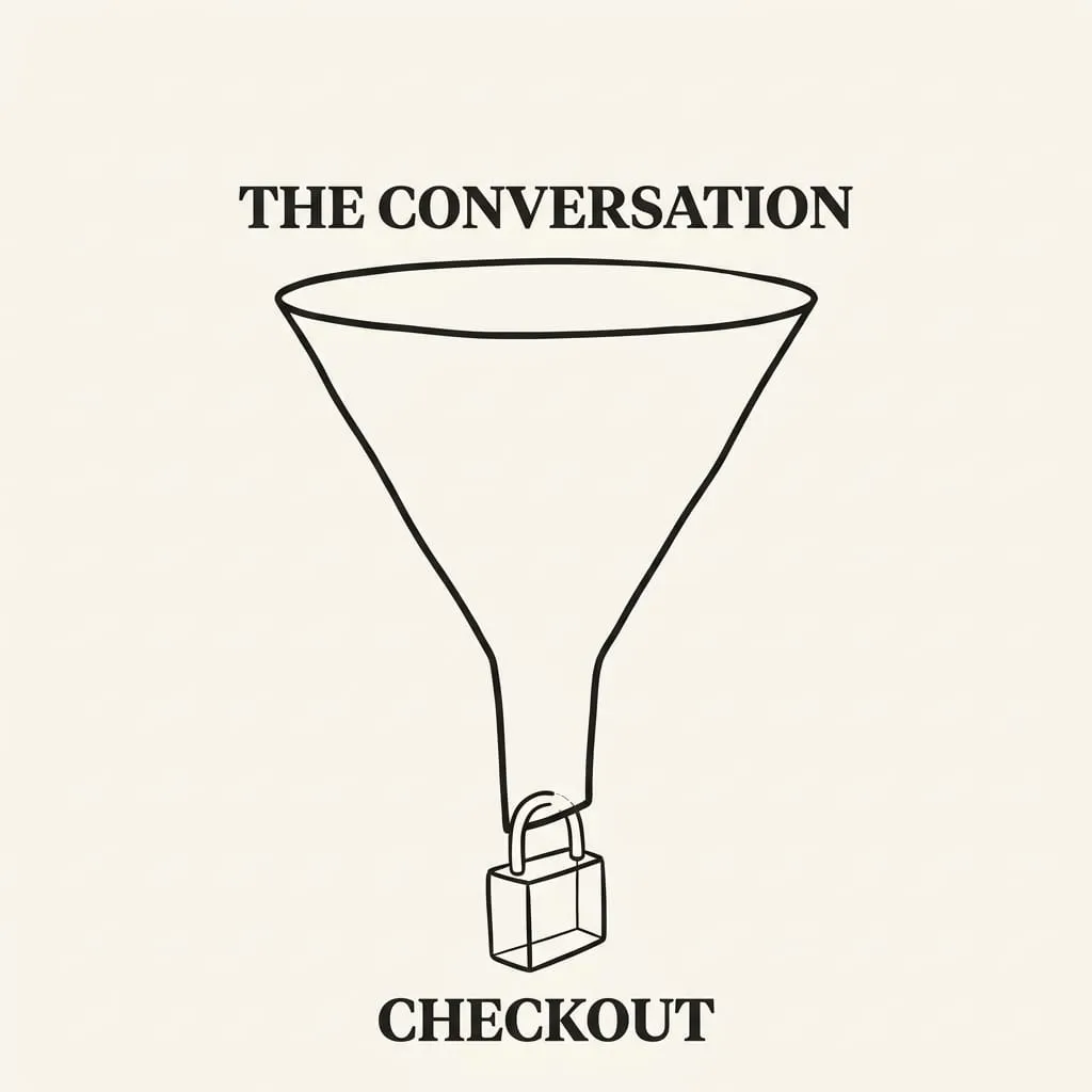 Sketch of a shopping funnel, locked at checkout and open at the top where AI companies plant flags.
